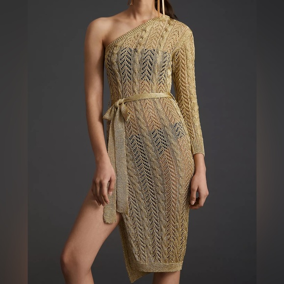 Anthropologie Maeve Gold One Shoulder Knif Coverup Dress - Picture 4 of 15
